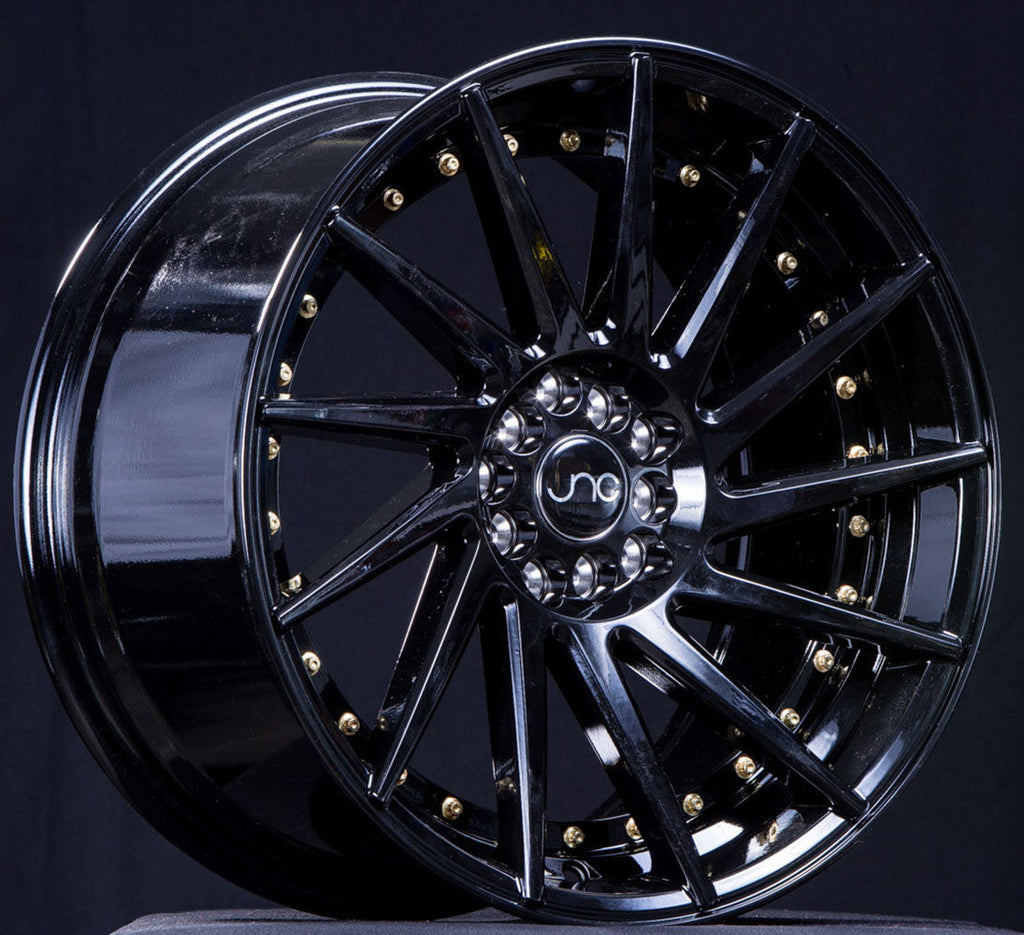 JNC051 Gloss Black w/ Gold Rivets wheel