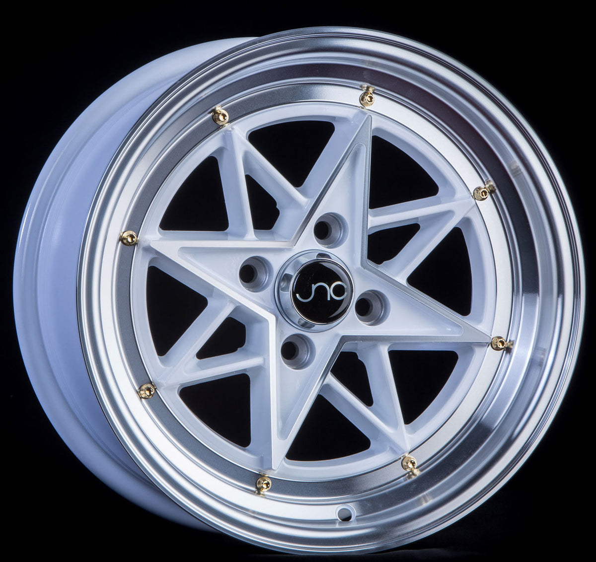 JNC025 White Machined Face Gold Rivets wheel