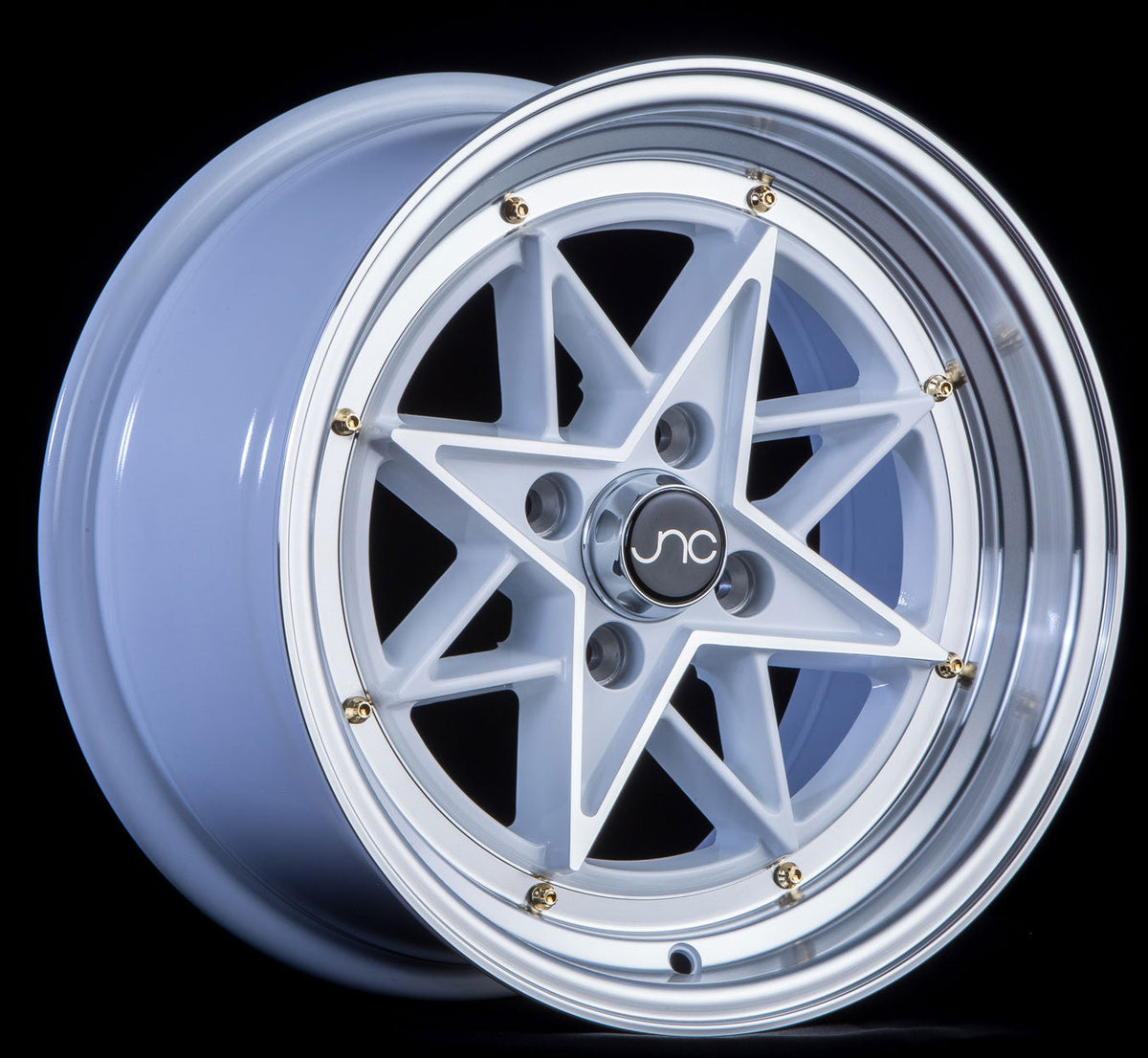 JNC025 White Machined Face Gold Rivets wheel