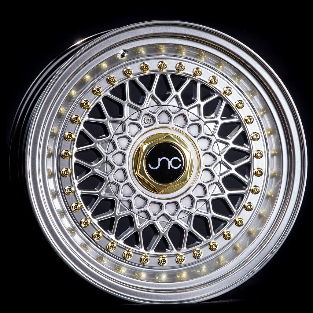 JNC004S Silver Machined Lip Gold Rivets wheel