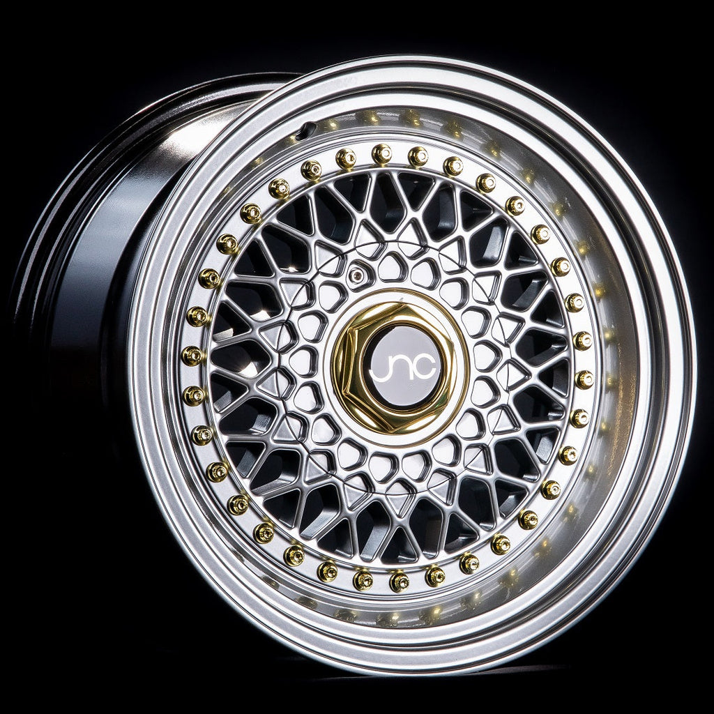 JNC004S Silver Machined Lip Gold Rivets wheel